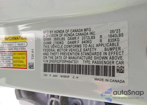 2023 Honda Civic Sport z USA, uszkodzony, nr VIN 2HGFE2F55PH547301